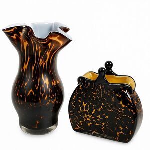 Hand Blown Art Glass Vase & Purse Set Murano Empoli Style Tortoise Shell Cased
